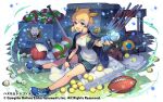  1girl ball black_socks blonde_hair blue_eyes blue_hair blue_shoes bottle commentary_request gradient_hair green_pants gym_uniform holding holding_bottle holding_towel horns low_twintails mat multicolored_hair nakamura_eight official_art outstretched_arm pants plastic_bottle puzzle_&amp;_dragons qilin_(p&amp;d) rugby_ball shirt shoes sitting socks solo towel twintails volleyball_(object) white_shirt wristband 