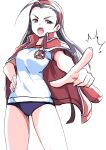  1girl :o ahoge black_hair breasts buruma commentary_request foreshortening gym_uniform hand_on_own_hip headband highres iinchou_(justice_gakuen) ikaringo_(ikaringo4444) jacket jacket_on_shoulders justice_gakuen long_hair looking_at_viewer pointing red_headband red_jacket shirt small_breasts solo standing white_background white_shirt 