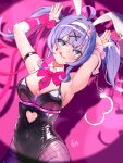  1girl :3 ahoge alternate_breast_size_(larger) animal_ears aqua_eyes aqua_hair arm_up armpits black_leotard blush bow breasts cleavage closed_mouth collarbone commentary_request cuffs fake_animal_ears hair_ornament handcuffs hatsune_miku highres leotard looking_at_viewer medium_breasts multicolored_hair nekoma1020 pantyhose pink_background pink_hair playboy_bunny rabbit_ears rabbit_hole_(vocaloid) rabbit_tail red_bow red_nails red_ribbon ribbon smile solo tail tongue tongue_out vocaloid wrist_ribbon 