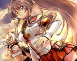  anchor breasts brown_eyes brown_hair detached_sleeves dutch_angle glasses gloves kantai_collection large_breasts long_hair miniskirt multiple_girls musashi_(kantai_collection) navel ponytail red_eyes short_hair skirt tobi_(one) very_long_hair white_hair yamato_(kantai_collection) z_flag 