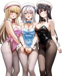  3girls absurdres ahoge alisa_mikhailovna_kujou beret black_hair black_leotard black_pantyhose blue_eyes blue_leotard blue_thighhighs breasts brown_eyes brown_hair cleavage closed_mouth collarbone commentary_request covered_navel detached_collar elbow_gloves garter_straps gloves grey_hair hair_between_eyes hat highres leotard long_hair looking_at_viewer medium_breasts multiple_girls open_mouth otonari_no_tenshi-sama_ni_itsu_no_mani_ka_dame_ningen_ni_sarete_ita_ken pantyhose pink_leotard sakurajima_mai satoumizu_44 seishun_buta_yarou shiina_mahiru_(otonari_no_tenshi-sama) simple_background smile thighband_pantyhose thighhighs tokidoki_bosotto_roshia-go_de_dereru_tonari_no_alya-san white_background 