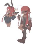  1boy animal_ear_hairband animal_ears babydoll belt black_chemise black_jacket black_leotard black_thighhighs boots chemise collar commentary_request crossdressing crossdressing_(mtf) cup dark-skinned_male dark_skin detached_collar drinking_glass earclip earrings fake_animal_ears grimace hair_ornament hairband hairclip highres holding holding_tray inkling inkling_boy inkling_player_character jacket jewelry leotard long_hair male_focus multiple_views nao_(pixiv92881824) nine_(bepe) off_shoulder open_clothes open_jacket open_mouth parallel_hairclips parted_lips partially_unzipped pointy_ears rabbit_ear_hairband rabbit_ears rabbit_tail red_collar red_eyes red_hair shaded_face simple_background single_thighhigh splatoon_(series) strap_slip strapless strapless_leotard stud_earrings tail teeth tentacle_hair thigh_belt thigh_strap thighhighs thighs translation_request trap tray white_background wine_glass 