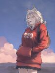  1girl alternate_costume animal_ears arknights backpack bag black_bag black_skirt blue_sky blush breasts character_name cloud cloudy_sky commentary cowboy_shot drawstring evening grey_hair hands_in_pocket highres looking_at_viewer medium_hair missing_tail okukin_07 open_mouth outdoors projekt_red_(arknights) red_sweater skirt sky small_breasts solo sweater wolf_ears wolf_girl yellow_eyes 
