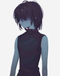  1other androgynous blue_hair blue_skin bodysuit colored_skin commentary_request deltarune expressionless hair_over_eyes hrdrifter kris_(dark_world)_(deltarune) kris_(deltarune) looking_to_the_side other_focus shaded_face short_hair simple_background sleeveless sleeveless_bodysuit sweat sweatdrop utdr_(toby_fox) white_background wrinkled_fabric 