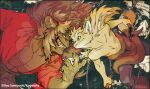  2boys abs absurdres animal_ears artist_name bakushi_(smys2017) bara chain claws closed_mouth commentary_request copyright_notice cross_scar dog_boy dog_ears dog_tail dual_wielding earrings fang fang_out fangs furry furry_male grin highres holding holding_pickaxe jean_(si_land) jewelry king_zahab_(si_land) lion_boy lion_ears lion_mane looking_at_another male_focus multiple_boys muscular muscular_male official_art pectorals pickaxe profile scar scar_on_chest si_land smile tail topless_male 