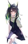  1girl absurdres ahoge alternate_costume arknights black_dress black_hair bright_pupils chinese_commentary closed_mouth colored_inner_hair commentary_request dress green_eyes green_hair highres huge_ahoge invisible_chair kneehighs light_blush long_hair looking_at_viewer mon3tr_(arknights) multicolored_hair pinafore_dress ruo_xiao_wuli shirt short_sleeves simple_background sitting sketch sleeveless sleeveless_dress socks solo white_background white_pupils white_shirt white_socks 