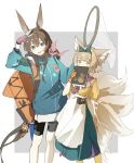  2girls absurdres amiya_(arknights) animal_charm animal_ear_fluff animal_ears apron arknights backpack bag bag_charm black_shorts blonde_hair blue_eyes blue_hairband blue_jacket book brown_hair butterfly_net charm_(object) feet_out_of_frame fingerless_gloves fox_ears fox_girl fox_tail gloves green_eyes hair_between_eyes hairband han_chi_zao_shui hand_net hand_up hands_up highres holding holding_book holding_butterfly_net hongshan_forest_zoo jacket kitsune long_hair long_sleeves looking_at_viewer multicolored_hair multiple_girls multiple_tails official_alternate_costume open_mouth orange_bag orange_gloves pink_gloves pink_scarf rabbit_ears rabbit_girl scarf shirt shorts simple_background smile standing suzuran_(arknights) tail white_apron white_background yellow_shirt 