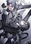  2boys absurdres aircon11 aqua_eyes ascot black_ascot black_butterfly black_coat black_eyes black_hair black_necktie black_vest bug butterfly coat collared_shirt commentary dancing e.g.o_(project_moon) full-stop_office_(identity)_(project_moon) gloves grey_shirt hair_between_eyes highres hong_lu_(project_moon) jewelry limbus_company long_hair male_focus multiple_boys necktie project_moon shirt solemn_lament_(e.g.o) untranslatable_commentary vest white_butterfly white_gloves white_shirt yi_sang_(project_moon) 