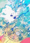  1girl abstract absurdres blue_hair blue_skirt closed_eyes commentary daydream hato_(n_hat_mu) highres long_sleeves original shirt shoes short_hair skirt solo underwater water white_shirt wide_shot 