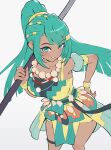 1girl absurdres armpits bare_arms bare_shoulders bead_necklace beads blush breasts cleavage collarbone commentary_request dark-skinned_female dark_skin dress esmeralda_(fire_emblem) fire_emblem fire_emblem:_fortune's_weave from_above gonzarez green_eyes green_hair grey_background grin hand_on_own_hip high_ponytail highres holding holding_polearm holding_weapon jewelry large_breasts long_hair looking_at_viewer looking_up multicolored_dress narrow_waist necklace parted_lips polearm ponytail simple_background smile solo thighlet thighs unfinished very_long_hair weapon wide_hips yellow_dress 