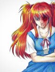  1girl blood blood_from_eyes blood_on_face blue_eyes blue_skirt collarbone collared_shirt colored_pencil_(medium) commentary crossed_arms empty_eyes english_commentary eye_injury furrowed_brow goreshityaoi hairband highres looking_down missing_eye neck_ribbon negative_space neon_genesis_evangelion orange_hair partially_shaded_face red_hairband red_ribbon ribbon school_uniform shirt sidelocks skirt solo souryuu_asuka_langley suspender_skirt suspenders tokyo-3_middle_school_uniform traditional_media two_side_up unhappy white_background white_shirt 