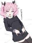  1girl absurdres aoi_nadeshiko black_dress black_ribbon black_shirt black_thighhighs blush cameltoe commentary dress fingernails gakuen_idolmaster gokugetsu_gakuen_school_uniform hair_intakes hair_ribbon heart highres idolmaster long_hair long_sleeves looking_at_viewer nail_polish ohgi910 open_mouth pink_eyes pink_hair pink_nails ribbon school_uniform shirt simple_background smile solo sweat thighhighs thighs translation_request twintails white_background 
