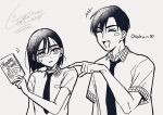  1boy 1girl alien_stage black_hair closed_eyes commentary english_commentary fang hair_between_eyes highres holding ivan_(alien_stage) jikasei monochrome necktie open_mouth school_uniform short_hair smile sua_(alien_stage) sua_(zombie_stage) teeth zombie_stage 