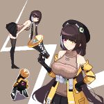  1girl banana_(girls'_frontline) bare_shoulders bent_over black_gloves black_hat black_skirt blush breasts brown_hair clothes_pull commentary elbow_gloves from_side girls'_frontline girls'_frontline_2:_exilium gloves hair_bobbles hair_ornament hand_on_own_hip hand_up hat heterochromia highres holding holding_megaphone jacket jacket_pull large_breasts long_hair looking_at_viewer looking_back medium_breasts megaphone miniskirt multicolored_hair multiple_views pixel_art pleated_skirt red_eyes ro635_(girls'_frontline) robella_(girls'_frontline_2) saltmann skirt sleeveless sleeveless_sweater standing streaked_hair sweater thighhighs twintails two-tone_hair upper_body very_long_hair white_hair yellow_eyes yellow_jacket 