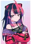  1girl absurdres aki_ametista animal_ear_headphones animal_ears bang_dream! bang_dream!_yumemita black_camisole black_hair border camisole cat_ear_headphones cat_ears choker closed_mouth collarbone commentary crossed_arms fake_animal_ears headphones highres jacket long_hair looking_at_viewer outline outside_border pink_hair purple_eyes red_jacket sengoku_yuno solo upper_body virtual_youtuber white_border white_choker white_outline 