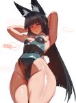  1girl absurdres alternate_costume animal_ear_fluff animal_ears armpits arms_behind_head arms_up black_hair blush breasts cameltoe cowboy_shot english_text fox_ears fox_girl green_leotard highres hoshimi_miyabi leotard long_hair looking_at_viewer medium_breasts playboy_bunny red_eyes simple_background solo strapless strapless_leotard sweat walid_zouirech white_background zenless_zone_zero 