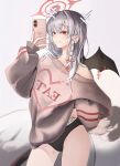  1boy 1girl absurdres black_panties black_wings blue_archive braid commentary_request demon_wings doodle_sensei_(blue_archive) grey_hair halo haruna_(blue_archive) highres holding holding_phone implied_after_sex jewelry long_hair panties phone piercing pink_nails red_eyes red_halo ring sensei_(blue_archive) single_wing sion_(im10042m) smile sparkle tail underwear wing_piercing wings 