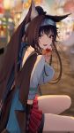  1girl :d absurdres animal_ears arknights blaze_(arknights) blaze_(explosive_blue_flame)_(arknights) blue_hairband blurry blurry_background breasts brown_hair cat_ears cat_girl commentary commission crepe depth_of_field film_grain food from_side hairband highres holding holding_food large_breasts lavriell long_hair looking_at_viewer looking_to_the_side official_alternate_costume sitting skirt smile solo vgen_commission watermark 