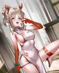  1girl absurdres arknights bare_shoulders blush braid breasts china_dress chinese_clothes colored_extremities commentary covered_navel dobostorte dragon_girl dragon_horns dress earrings grey_hair hand_up highres horns jewelry korean_commentary leg_up looking_at_viewer medium_breasts medium_hair multicolored_hair nian_(arknights) nian_(unfettered_freedom)_(arknights) official_alternate_costume open_mouth pelvic_curtain pointy_ears red_hair side_slit sleeveless sleeveless_dress smile solo streaked_hair tongue tongue_out v white_dress 
