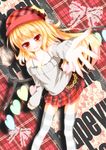  :d alternate_costume alternate_hairstyle blonde_pubic_hair casual collarbone cross cross_necklace flandre_scarlet hat highres jewelry leaning_forward long_hair looking_at_viewer necklace open_mouth plaid plaid_skirt pleated_skirt reaching red_eyes skirt smile solo striped striped_legwear thighhighs touhou wings yuimari zettai_ryouiki 