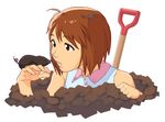  brown_hair dirt hagiwara_yukiho idolmaster idolmaster_(classic) mole_(animal) parted_lips sat short_hair shovel solo white_background 