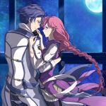  1boy 1girl black_hair blue_eyes braid braided_ponytail coat commentary_request couple curtained_hair earrings eiyuu_densetsu emma_millstein eye_contact face-to-face hetero highres hug jewelry kotoyori_(toyori22) looking_at_another no_eyewear pearl_earrings pink_hair rean_schwarzer sen_no_kiseki_(series) sen_no_kiseki_iv short_hair simple_background smile thors_military_academy_branch_campus_uniform white_coat 
