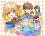  3girls 5boys black_hair blonde_hair blush bow bowtie brothers brown_eyes brown_hair commentary cup green_vest hair_over_one_eye hand_on_own_hip hano_luno hat hidaka_azumi highres holding holding_instrument holding_maracas holding_tambourine instrument long_hair looking_at_viewer maracas matsutake_kaoru minami_kaede mini_person minigirl mirumo mirumo_de_pon! multiple_boys multiple_girls murumo necktie nightcap one_eye_closed pajamas pink_hair pom_pom_(clothes) red_bow red_bowtie red_necktie rirumu_(mirumo_de_pon!) school_uniform setsu_yuuki siblings sidelocks smile spiral_cheeks tambourine triangle_(instrument) twintails vest yashichi_(mirumo_de_pon!) 
