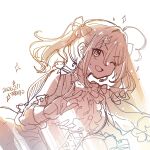  1girl ahoge artist_name backlighting chougei_(kancolle) commentary_request dated dress frilled_dress frills hair_ornament hairclip headset highres idol kantai_collection kirisawa_juuzou lineart long_hair looking_at_viewer monochrome one_eye_closed smile solo sparkle twintails v 