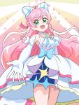 1girl ascot birthday bow braid brooch commentary_request cowboy_shot cure_prism dress earrings elbow_gloves gloves gradient_background green_eyes hair_bow hair_ornament happy_birthday highres hirogaru_sky!_precure jewelry kei_yunokawa long_hair looking_at_viewer magical_girl nijigaoka_mashiro open_mouth pink_background pink_hair precure sleeveless smile very_long_hair white_ascot white_bow white_dress white_gloves 
