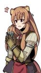  1girl absurdres alternate_eye_color animal_ear_fluff animal_ears armor artist_name belt black_dress breastplate brown_armor brown_belt brown_eyes brown_gloves brown_hair cellphone commentary d: dress elbow_gloves flat_chest gloves hand_up highres holding holding_phone layered_dress leather leather_armor leather_gloves long_hair long_sleeves looking_at_phone medibang_paint_(medium) metal_arm_cuffs metal_wrist_cuffs neck_ribbon notice_lines open_mouth phone pinstripe_dress pinstripe_pattern raccoon_ears raccoon_girl raccoon_tail raphtalia red_dress red_ribbon ribbon short_dress signature simple_background sleeveless sleeveless_dress smartphone solo straight_hair tail tanuki tate_no_yuusha_no_nariagari two-tone_dress upper_body victor_sena watermark white_background white_dress 