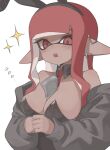  1girl bare_shoulders black_jacket black_leotard blush breasts cleavage closed_mouth commentary_request dark-skinned_female dark_skin detached_collar earclip earrings genderswap genderswap_(mtf) highres inkling inkling_girl inkling_player_character jacket jewelry large_breasts leotard long_hair looking_at_viewer looking_down mole mole_under_mouth money_between_breasts nao_(pixiv92881824) necktie nine_(bepe) off_shoulder open_clothes open_jacket open_mouth pointy_ears red_eyes red_hair red_necktie simple_background sparkle splatoon_(series) strapless strapless_leotard stud_earrings sweat sweatdrop teeth tentacle_hair translation_request upper_body upper_teeth_only white_background 