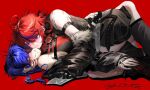  1lijin 2girls antenna_hair arm_belt black_coat black_skirt blue_eyes blue_hair blue_streaks blush braid braided_hair_rings breasts coat coat_partially_removed commentary english_commentary face_piercing fur_trim genderswap genderswap_(mtf) girl_on_top hair_rings large_breasts looking_at_another looking_at_viewer multicolored_hair multiple_girls omokage_yugamu piercing print_eyepatch red_background red_hair sideboob simple_background skirt smile streaked_hair sumino_takumi teeth the_hundred_line_-last_defense_academy- 