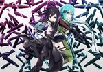  1girl anti-materiel_rifle aqua_eyes aqua_hair back-to-back black_eyes black_hair breastplate bullet bute_(butegram) dual_wielding energy_sword fingerless_gloves five-seven_(gun) gloves gun handgun holding kirito kirito_(sao-ggo) long_hair otoko_no_ko pgm_hecate_ii pistol rifle scarf short_hair short_shorts shorts sinon sniper_rifle sword sword_art_online weapon 