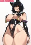  1girl absurdres animal_ears black_hair blush bread-n-butter breasts brown_background cat_ears cat_girl commentary english_commentary gradient_background grey_background highres kali_belladonna large_breasts looking_at_viewer navel open_mouth pasties patreon_username rwby short_hair smile solo teeth thick_thighs thighs two-tone_background upper_teeth_only yellow_eyes 