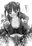  1girl absurdres blazer blush clothes_pull collared_shirt commentary day double_bun female_pubic_hair full_body grass greyscale hair_bun hands_on_own_knees highres idolmaster idolmaster_shiny_colors jacket looking_at_viewer miniskirt monochrome nose_blush open_clothes open_jacket open_mouth outdoors pantyhose pantyhose_pull pee peeing plaid_clothes plaid_skirt pleated_skirt pubic_hair school_uniform shirt skirt solo sonoda_chiyoko sound_effects speech_bubble squatting sweat sweater translation_request uuuuuummmmiiii v-neck 