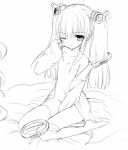  1girl artbook flat_chest flyable_heart greyscale hair_ornament ito_noizi kujou_kururi lab_coat light_blush long_hair looking_at_viewer lowres monochrome non-web_source official_art one_eye_closed sitting sketch solo thighhighs 
