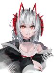  1girl antenna_hair arknights artist_name bare_shoulders black_choker black_jacket breasts bright_pupils choker chromatic_aberration cleavage collarbone commentary cropped_torso grey_hair highres jacket looking_at_viewer multicolored_hair orange_eyes red_hair short_hair simple_background solo streaked_hair tank_top w_(act_ii)_(arknights) w_(arknights) white_background white_pupils white_tank_top yozaruu 