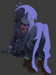  1other absurdres androgynous blue_skin blush bow brown_shoes colored_skin commentary deltarune english_commentary grey_background highres kris_(dark_world)_(deltarune) kris_(deltarune) kris_(school_uniform)_(deltarune) legs_up long_sleeves looking_at_viewer metrotonee official_alternate_costume on_ground other_focus pants pleated_skirt purple_lightning red_bow school_uniform shaded_face shoes short_hair simple_background sitting skirt utdr_(toby_fox) 