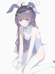  1girl absurdres alternate_costume animal_ear_hairband animal_ears bare_arms bare_shoulders blue_archive blue_bow blue_hairband blue_leotard blush bow commentary detached_collar fake_animal_ears fake_tail flat_chest grey_halo hairband halo highres leaf leaf_on_head leotard long_hair miyu_(blue_archive) open_mouth playboy_bunny purple_hair rabbit_ear_hairband rabbit_ears rabbit_tail red_eyes sitting solo strapless strapless_leotard tail thighhighs very_long_hair wariza white_thighhighs wrist_cuffs yydata1 