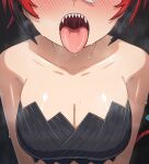  1girl alten bare_arms bare_shoulders black_hair black_tube_top blush breast_focus breasts breath cleavage eyes_out_of_frame hair_between_eyes hakos_baelz head_out_of_frame highres hololive medium_breasts mouth_focus multicolored_hair nose_blush red_hair sharp_teeth short_hair signature solo strapless streaked_hair sweat tail teeth tongue tongue_out tube_top upper_body uvula virtual_youtuber white_hair 