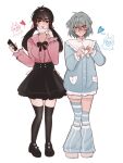  2girls alien_stage alternate_costume black_bow black_bowtie black_eyes black_shoes black_skirt black_thighhighs blue_leg_warmers blue_sweater blue_thighhighs blush_stickers bow bowtie center_frills commentary english_commentary frills genderswap genderswap_(mtf) green_eyes grey_hair heart heart_hands highres holding holding_phone ivan_(alien_stage) leg_warmers long_hair low_twintails multiple_girls phone pink_shirt shirt shoes short_hair single_blush_sticker skirt striped_clothes striped_thighhighs sweater thick_eyebrows thighhighs till_(alien_stage) tongue tongue_out twintails two_side_up white_shoes zlepyun 