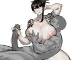  1boy 1girl arm_up armpits black_eyes black_hair breasts cloud_tattoo commentary eecliptus english_commentary erection faceless faceless_male grabbing_another's_breast groping hair_between_eyes hair_bun hair_ornament hair_stick handjob hetero highres large_breasts library_of_ruina licking licking_armpit lying_on_lap mole mole_on_breast nipples nude nursing_handjob penis project_moon sayo_(project_moon) short_hair shoulder_tattoo simple_background tattoo uncensored white_background 