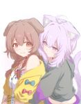 2girls :/ :3 ahoge ama_ama350 animal_ear_fluff animal_ears black_hoodie blush_stickers braid brown_eyes brown_hair cat_ears cat_girl cat_tail closed_mouth commentary_request crossed_bangs dog_ears dog_girl double-parted_bangs dress from_side hair_between_eyes hair_over_shoulder highres hololive hood hoodie hug hug_from_behind inugami_korone inugami_korone_(1st_costume) jacket long_hair looking_at_another looking_back low_twin_braids multiple_girls nekomata_okayu nekomata_okayu_(1st_costume) purple_eyes purple_hair short_hair signature simple_background smile tail tail_raised twin_braids virtual_youtuber white_background white_dress yellow_jacket 