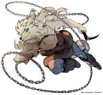  1boy absurdres animal_ears artist_name bakushi_(smys2017) boots brown_boots chain claws closed_mouth commentary_request copyright_notice dog_boy dog_ears dog_tail dual_wielding fang fang_out furry furry_male highres holding holding_pickaxe jean_(si_land) looking_at_viewer male_focus official_art pickaxe si_land smile tail topless_male white_background 