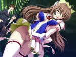  1girl 2000s_(style) 2boys blush breasts brown_hair censored center_opening closed_eyes clothes_lift game_asset hetero large_breasts long_hair magical_girl mahou_senshi_(series) mahou_senshi_symphonic_knights mosaic_censoring multiple_boys night no_panties non-web_source official_art open_mouth outdoors public_indecency pussy pussy_juice saitou_natsuki self-datamine skirt skirt_lift symphonic_lily thighhighs upskirt variant_set visual_novel_cg wavy_mouth wind wind_lift yurise_ririna 