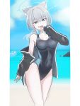  2girls absurdres animal_ear_fluff animal_ears beach black_jacket black_one-piece_swimsuit blue_archive blue_eyes blue_halo breasts closed_eyes commentary competition_swimsuit eyewear_on_head grey_hair halo highres hoshino_(blue_archive) jacket long_hair looking_at_viewer medium_breasts multiple_girls ocean official_alternate_costume official_alternate_hairstyle one-piece_swimsuit open_clothes open_jacket open_mouth pink_hair pink_halo ponytail shiroko_(blue_archive) shiroko_(swimsuit)_(blue_archive) sunglasses swimsuit topgu wolf_ears wolf_girl 