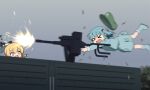  >_< 2girls accident blonde_hair blue_boots blue_hair blue_shirt blue_skirt boots bow braid closed_eyes commentary_request failure firing green_bow green_hat hair_bobbles hair_ornament hat kawashiro_nitori kirisame_marisa long_hair missing_headwear multiple_girls necono_(nekonosora1207) open_mouth rubber_boots russo-ukrainian_war shirt side_braid single_braid skirt spinning_yakb-12.7_machine_gun_incident touhou two_side_up unworn_headwear weapon_request witch_hat you're_doing_it_wrong 