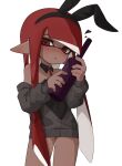  1boy animal_ear_hairband animal_ears black_jacket black_leotard blush bottle commentary_request covered_navel cowboy_shot crossdressing crossdressing_(mtf) dark-skinned_male dark_skin detached_collar fake_animal_ears hairband heart highres holding holding_bottle inkling inkling_boy inkling_player_character jacket leotard long_hair looking_at_viewer male_focus nao_(pixiv92881824) necktie nine_(bepe) off_shoulder open_mouth partially_unzipped pointy_ears rabbit_ear_hairband rabbit_ears red_eyes red_hair red_necktie simple_background solo splatoon_(series) strapless strapless_leotard tentacle_hair thighs trap white_background wine_bottle 