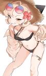  1girl absurdres astrae_oratio bikini black_bikini breasts brown_hat brown_shirt clenched_teeth commentary_request eyewear_on_head flower grin hair_flower hair_ornament hat highres keikou_mayoi looking_at_viewer mole mole_on_forehead navel o-ring o-ring_bikini o-ring_bottom open_clothes open_shirt orange_eyes red-tinted_eyewear red_flower rinki_(rink2) round_eyewear shirt simple_background small_breasts smile solo standing straw_hat sunglasses swimsuit teeth thigh_strap tinted_eyewear white_background 