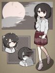  1girl black_hair blush brown_background brown_eyes brown_hair cloud collared_shirt commentary_request cropped_shoulders distortion fatal_frame fatal_frame:_mask_of_the_lunar_eclipse flashlight full_body full_moon grey_shoes grey_socks hand_up high_heels highres holding holding_flashlight inset_border jewelry light_particles long_sleeves looking_ahead looking_at_viewer miniskirt moon multiple_views necklace nekokumatta outside_border paper red_skirt shaded_face shirt shoes short_hair skirt socks standing sweatdrop tearing_up translation_request tsukimori_madoka v-shaped_eyebrows white_shirt 